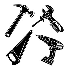 Black silhouette of hammer saw drill and wrench tool