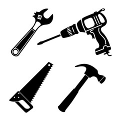 Black silhouette of tools including drill hammer saw wrench