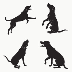 Four black dog silhouettes in various poses white background