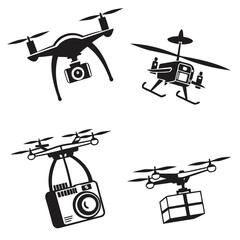 Four drone illustrations with camera and package quadcopter