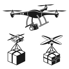 Black silhouette drones carrying packages and camera