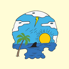 An animated vector image design of an island that is very unique and cool, very cute and colorful, very suitable to be used as a poster image for an event.
