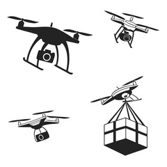 Four black drone silhouettes with cameras and cargo