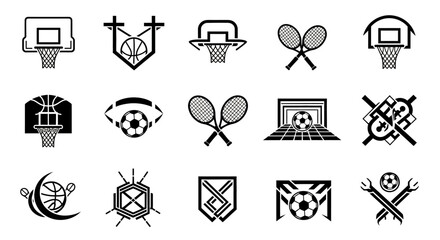 Collection of Black and White Sports Icons Basketball Tennis and Soccer.