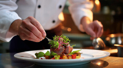 Faceless chef adding final touches to a plated gourmet dish, background softly glowing with warm tones, with copy space.