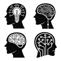 Four black silhouette heads with internal brain circuits