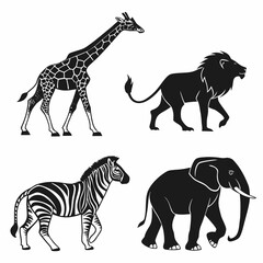 African safari animals silhouette set walking giraffe