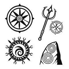 Nautical and tribal symbols compass trident sun spiral