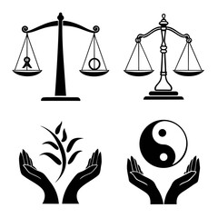 Four black and white graphic icons including scales of justice and hands