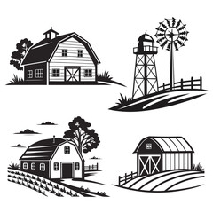 Four black and white farm scenes with barns and windmills