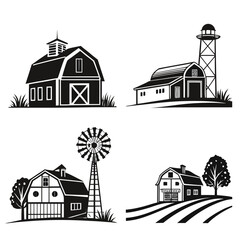 Black and white farm buildings and windmill icons barn