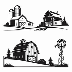 Black and white farm scene with barns silos and windmill