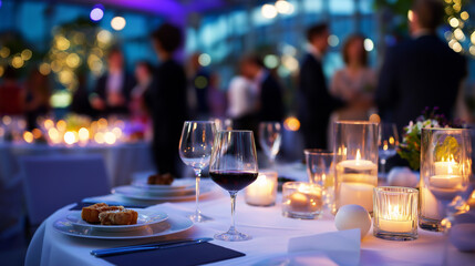 Obraz premium Defocused view of guests’ silhouettes in elegant attire moving around candlelit tables, with copy space.