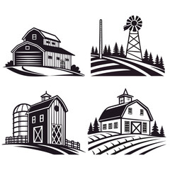 Four black and white farm scenes with barns and windmills 1