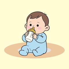 Animated vector image design of a toddler drinking milk, very cute and colorful, very suitable to be used as a poster image for an event
