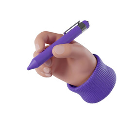 3d icon hand holding a purple stylus pen isolated on transparent background