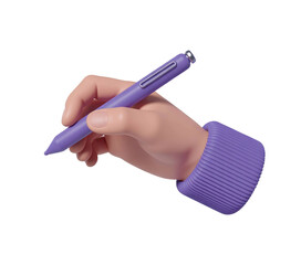 3d icon hand holding a purple stylus pen isolated on transparent background
