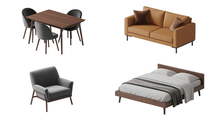 3d icon collection of modern furniture including sofa, bed, armchair, and dining set isolated on transparent background
