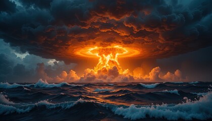Dramatic seascape with ominous storm clouds gathering above the horizon, illuminated by intense orange light creating a surreal, apocalyptic atmosphere