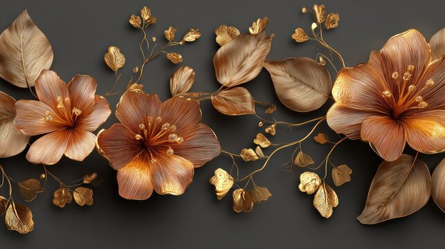 A luxurious gold and brown floral arrangement on a dark gray background, featuring intricate details and a sophisticated design.