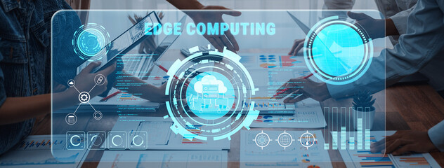 A dynamic modern office scene showcasing edge computing concepts through innovative data analysis and collaborative teamwork, reflecting the future of technology in business environments. Trope