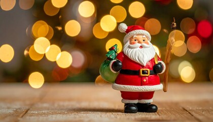 Festive Santa Claus Figurine with Bokeh Lights Background.