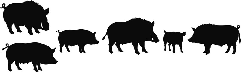 Wild boar and domestic pig silhouette collection, animal wildlife vector illustration, farm animal shapes, nature conservation, forest fauna design for graphic art