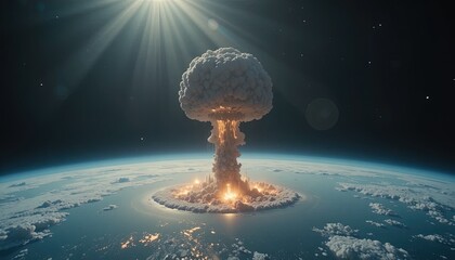 Dramatic nuclear explosion seen from space with glowing light, symbolizing destruction, danger, and global conflict with a stunning visual impact