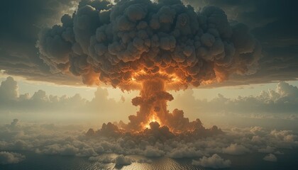 Dramatic mushroom cloud explosion over serene ocean, a powerful symbol of destruction and potential consequences, conveying both fear and awe