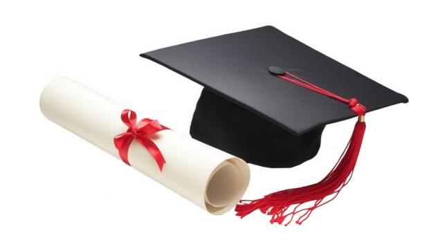 Graduation mortarboard and diploma isolated on transparent background for ceremony