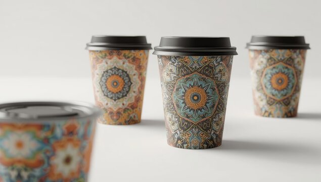 A collection of four disposable coffee cups featuring a captivating design, adorned with a detailed ornamental pattern, showcased against a neutral, bright background, offering a visual aesthetic...
