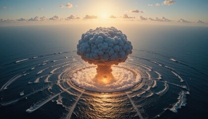 Dramatic aerial view of nuclear explosion over ocean at sunset, evoking danger, power, and end times, perfect for impactful storytelling and cautionary tales