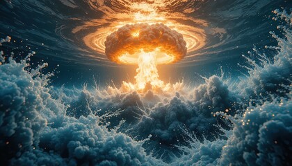 Dramatic nuclear explosion under a turbulent ocean creates a stunning apocalyptic scene with bright orange glow and powerful waves, conveying intensity