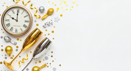 New Year s Eve Celebration Countdown with Champagne Glasses and Clock Copy Space