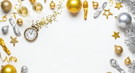Elegant New Year s Eve Border Frame with Gold and Silver Decorations Champagne and Clock on White Background