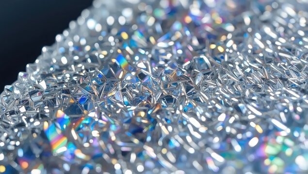 view displays a sparkling, crystalline surface featuring numerous facets, producing a prismatic effect with vivid, colorful refractions from the light, showcasing a detailed, abstract texture.