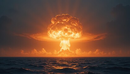 Powerful atomic explosion over tranquil ocean with stunning orange glow against the dark sky, conveying a sense of dramatic intensity and unsettling beauty