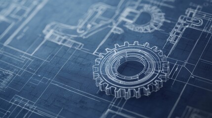 Blueprint of a mechanical gear design with detailed technical drawings and measurements on a dark background