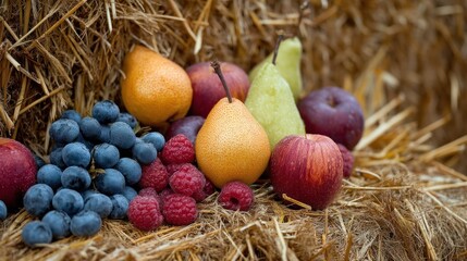 Fruit arrangement on a bale of hay, including apples, pears, and berries, with a focus on the vibrant colors and textures of the fruits.