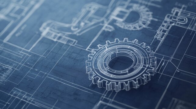 Blueprint of a mechanical gear design with detailed technical drawings and measurements on a dark background