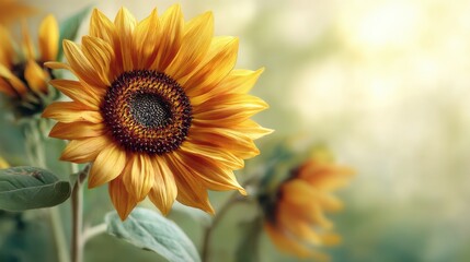 Fototapeta premium A vibrant yellow sunflower in close-up, basking in warm sunlight with a soft, blurred green background and hints of other blossoms, blurred yellow background