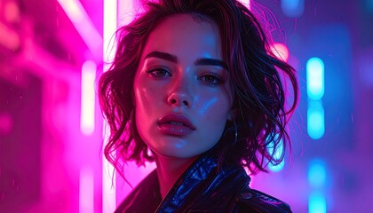 Portrait of a woman in front of vibrant neon lights, posing