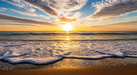 Beautiful sunset over the ocean with waves washing up on the beach and clouds in the sky at dusk