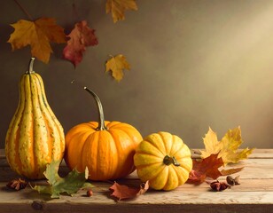 Autumn Harvest Still Life with Pumpkins and Falling Leaves.