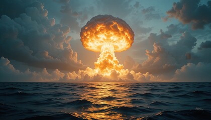 Dramatic mushroom cloud explosion over vast ocean horizon, symbolizing power, destruction, and the delicate balance of nature's force and human impact