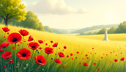 Vibrant red poppies in a golden field with a distant monument under a sunny sky 4k and hd image