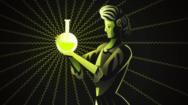 female vintage scientist holding a flask of radioactive element