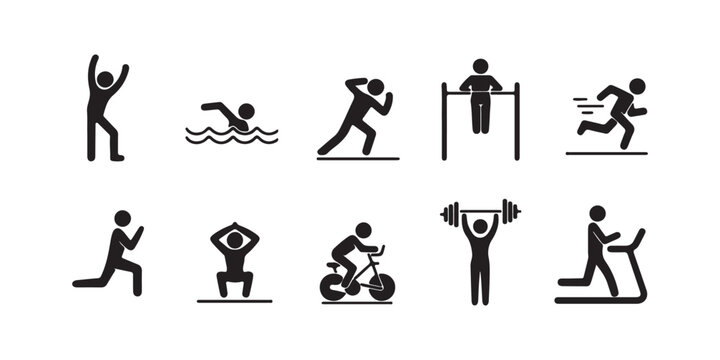 Black and White Fitness Icons Illustrating Various Exercises and Workout Activities