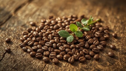 Roasted coffee beans displayed with fresh green leaves on a rustic wooden surface, presenting a composition showcasing the natural textures, warm tones, and detailed macro photography elements,...