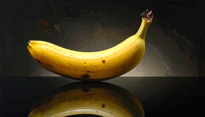 Ripe banana with dark spots on a reflective surface.